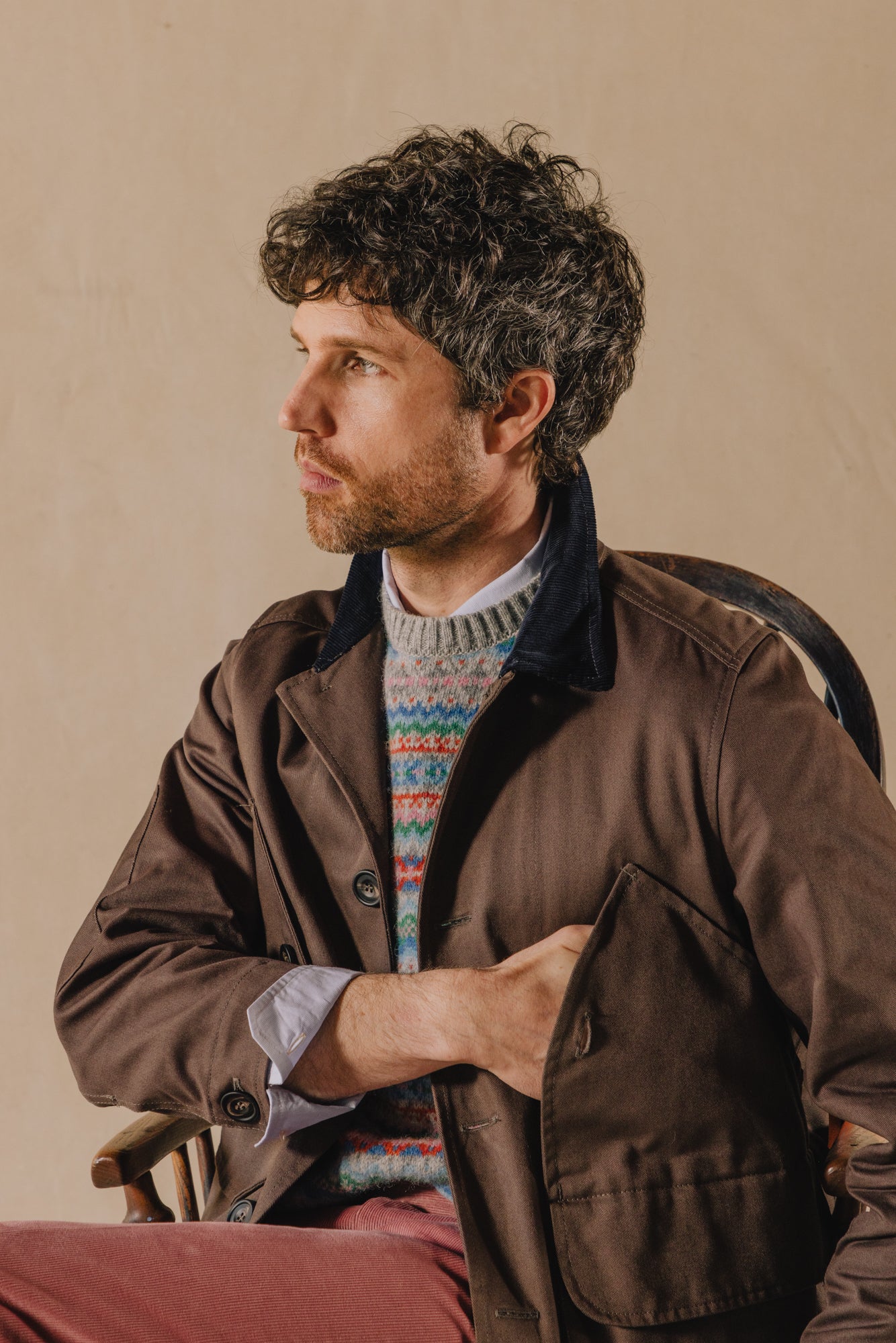 Hunting Jacket. Brown with Blue Cord Collar