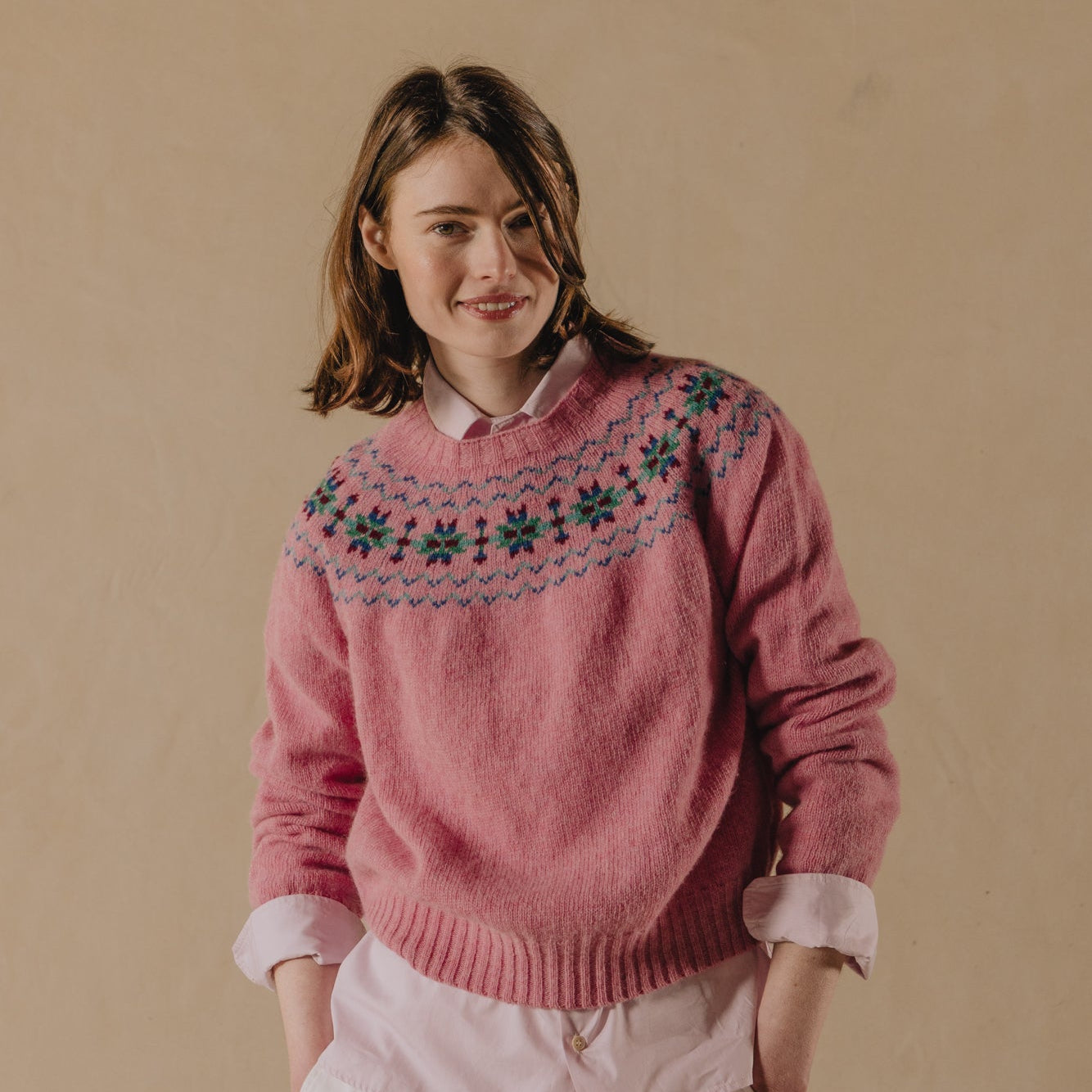 Women’s Cropped Fairisle Yoke Jumper. Pink