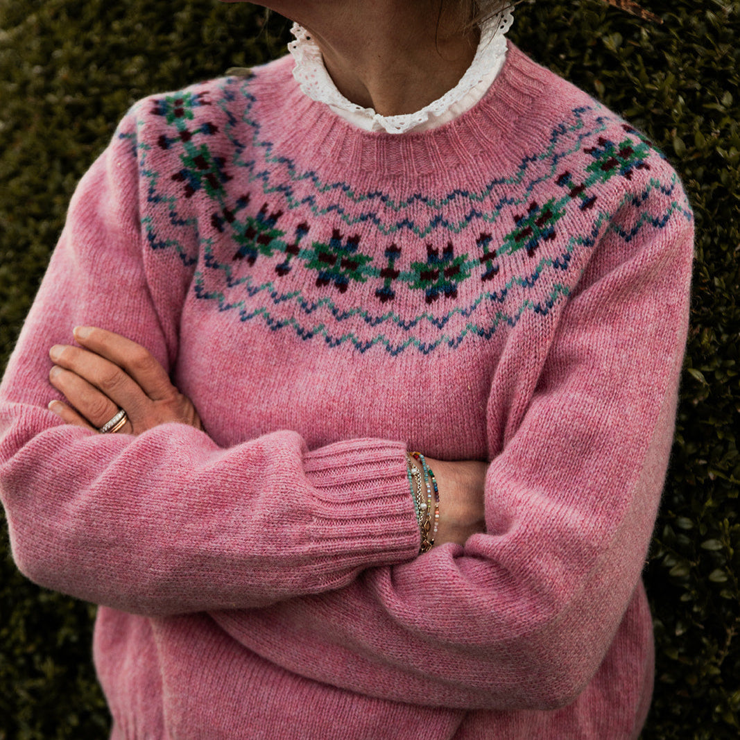 Women’s Cropped Fairisle Yoke Jumper. Pink