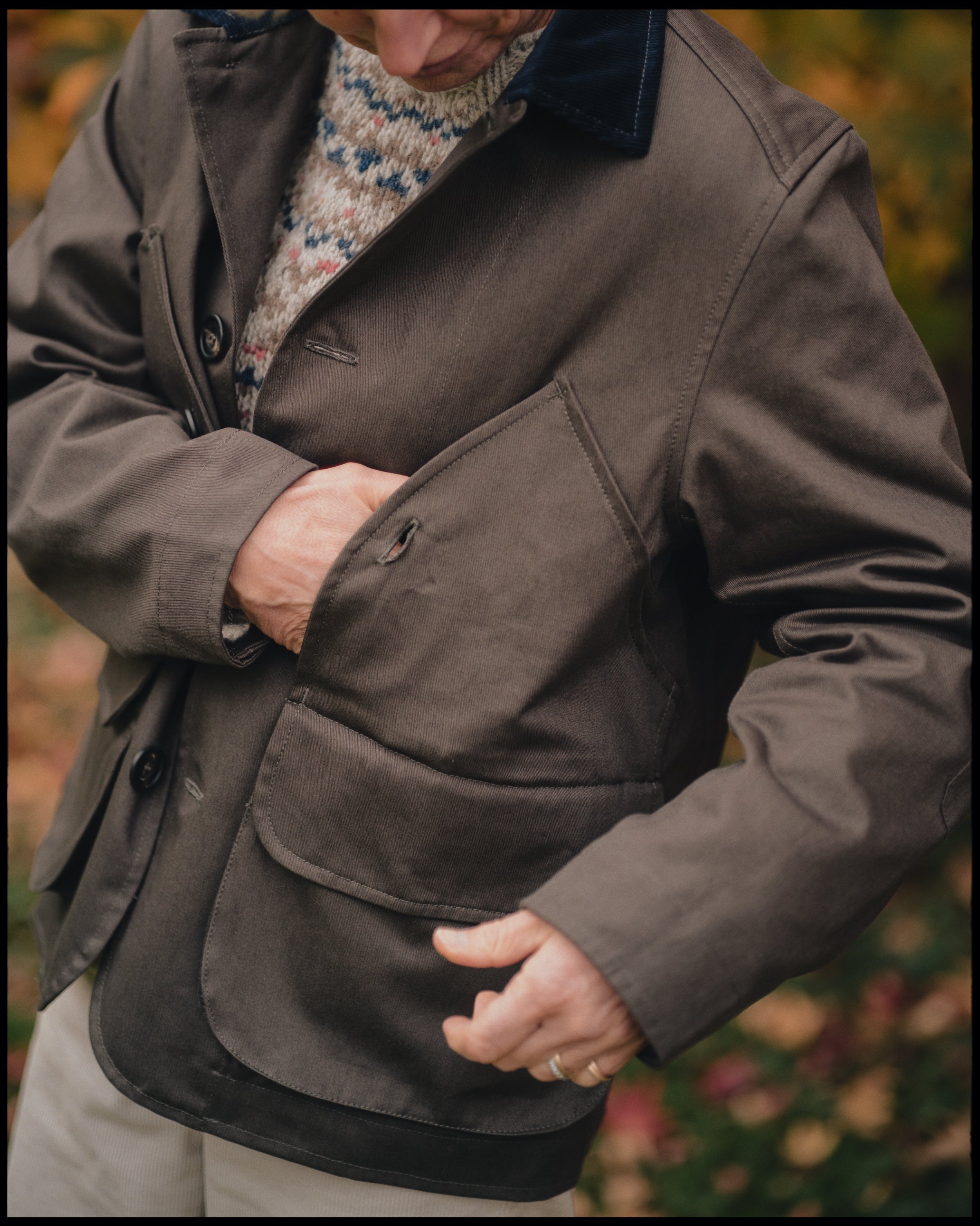 Hunting Jacket. Brown with Blue Cord Collar