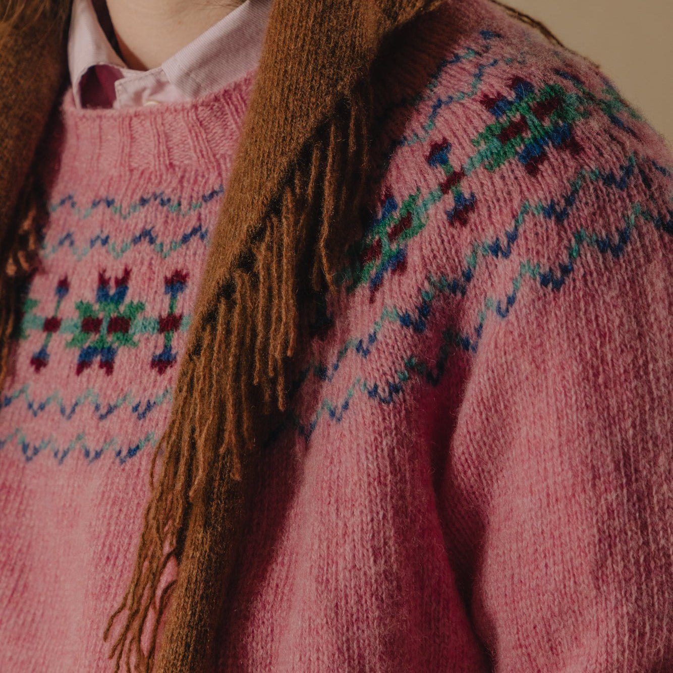 Women’s Cropped Fairisle Yoke Jumper. Pink