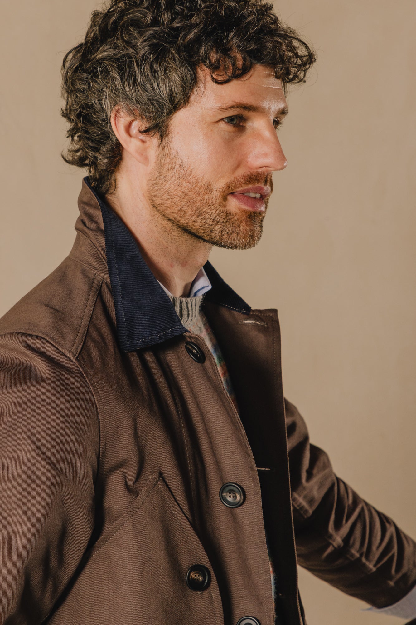 Hunting Jacket. Brown with Blue Cord Collar