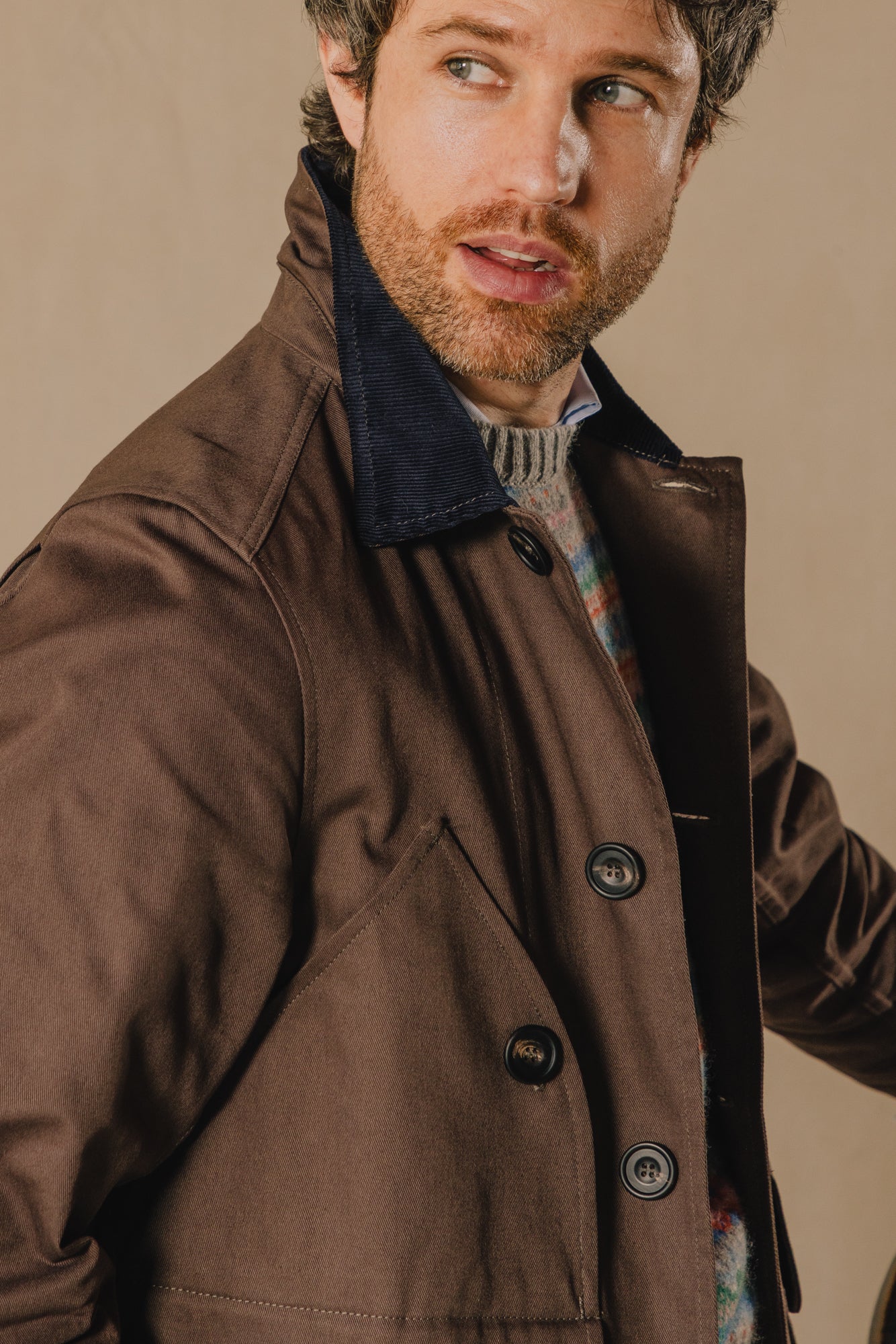 Hunting Jacket. Brown with Blue Cord Collar