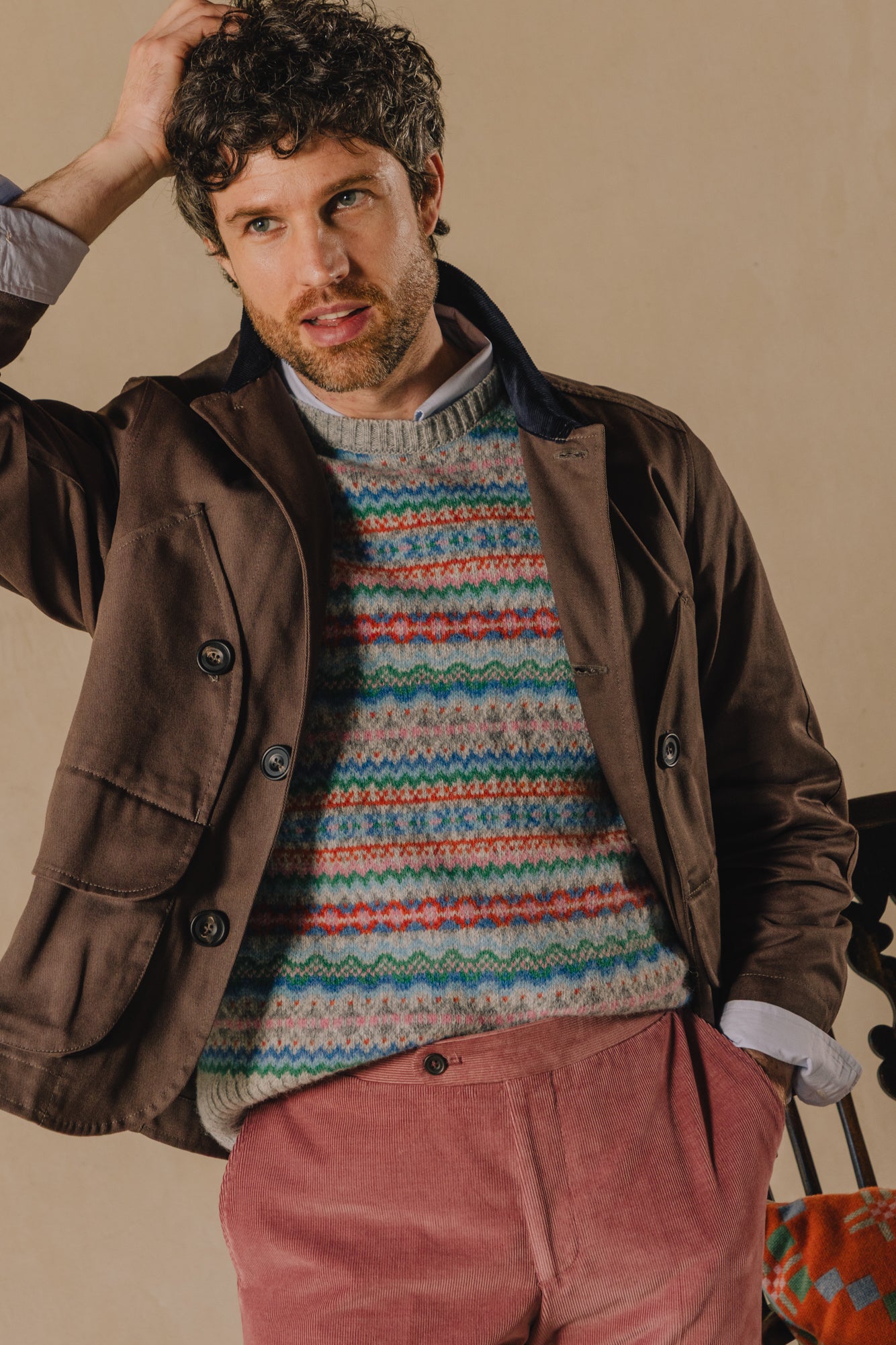 Hunting Jacket. Brown with Blue Cord Collar